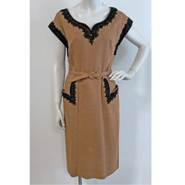 Kleid Leinen Braun schwarze Posamenterie-Applikation VINTAGE 1940s