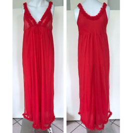 Négligée Gr. S lang rot Nylon Rüschen VINTAGE 1960s