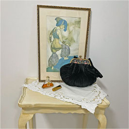 Abendtäschchen schwarz Plissee Petit Point VINTAGE 1950s