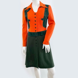 Kleid Jersey XS langarm orange-oliv vorne offen VINTAGE 1970s