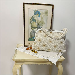 Tasche Henkeltasche weiss-gold mit Perlen VINTAGE 1950s