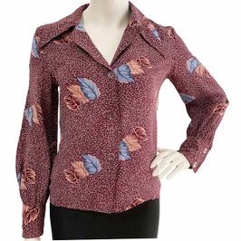 Bluse Gr. XS/S weinrot mit Blättermuster VINTAGE 1970s