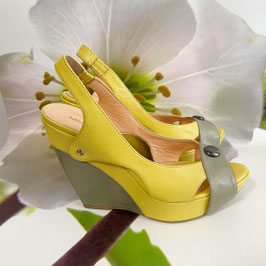 Plateausandaletten Wedges Gr. 36 gelb-grau Maud Frizon Designer France VINTAGE 1980s
