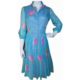 Kleid Gr. S Chiffon Seide VINTAGE 1970s lange Ärmel türkis