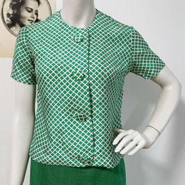 Bluse Top Gr. XS/S grün kA VINTAGE 1960s Seide weiss grüne Rhomben