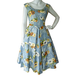Kleid Gr. S Seide Petticoat blaugrau Blumen VINTAGE 1950s