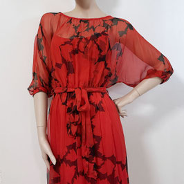 Kleid Abendkleid Gr. 40 Seidenchiffon rot-schwarz VINTAGE 1970s