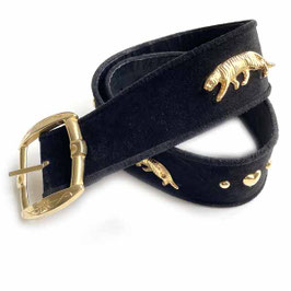 Gürtel Veloursleder Gr. 75 Wildleder mit Gold-Tiger und -Herzen VINTAGE 1980s