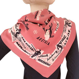 Foulard Viscose 73 x 80 cm Österreich Souvenir altrosa Ski VINTAGE 1930s