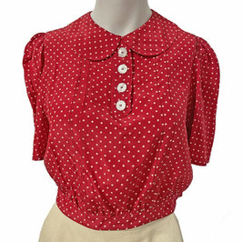 Bluse Seide XS rot mit Punkten schöne Perlmuttknöpfe Schleifchen VINTAGE 1940s