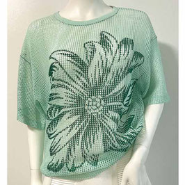 Netz-T-Shirt hellgrün Gr. S-XL mit grossem Blumendruck VINTAGE 1970s