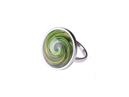 Verstellbarer Ring 'Sienna', attraktive farbige Ornamente unter einem 20mm Glas Cabochon, größenverstellbarer Ring aus Edelstahl, Oliv