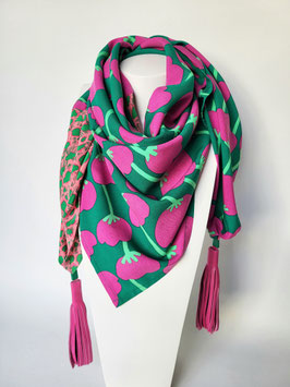 FOULARD  en viscose & soie, pompons cuir   "MAYA"