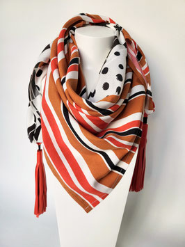 FOULARD  en viscose & soie, pompons cuir   "CASSIOPÉE" (version2 pompons rouges)