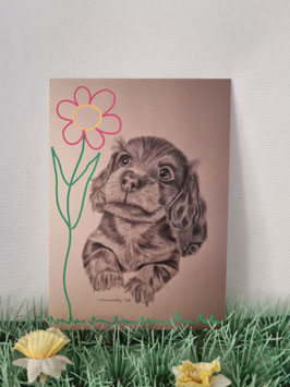 Kunstdruck in DIN A 6 Größe, Tierportrait mit handveredelter Zeichnung.