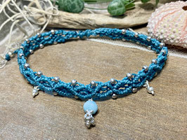 Fussschmuck Makramee blau mit Federn aus Silber 925