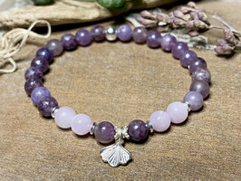 Armband Lepidolith und Kunzit mit Ginkoblatt aus Silber 925