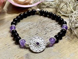 Armband Onyx und Amethyst mit Mandala aus Feinsilber