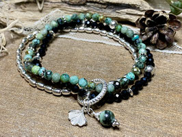 Dreifaches Armband aus Chrysokoll-Diorit, Spinell und Silber 925
