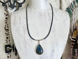 Lederkette grau mit Labradorit-Anhänger aus Silber 925