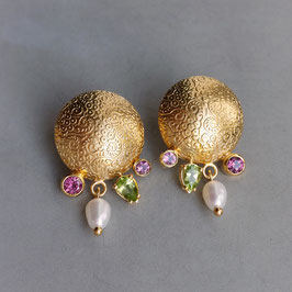 Ohrstecker Rhodolith, Peridot, Zuchtperle 24 Karat feingoldplattiertes Silber
