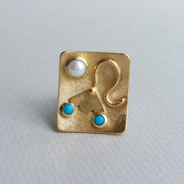 Feingoldplattierter Ring im Art Déco Stil mit Perle und Türkis