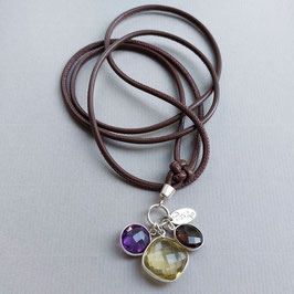 Lange Lederkette mit Amethyst, Citrin und Rauchquarz