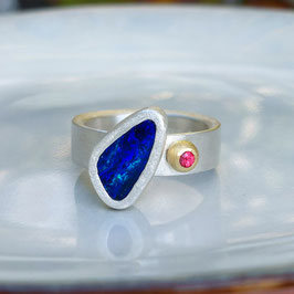 Feinsilber 750 Gold Ring mit Opal und Saphir