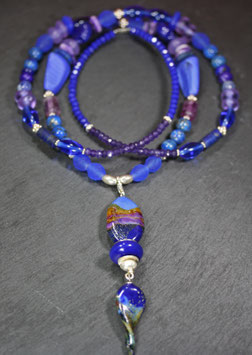 Lange Edelstein-Halskette "Blau-Lila-Silber"