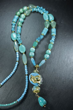Lange Edelstein-Halskette  "Türkis-Gold"
