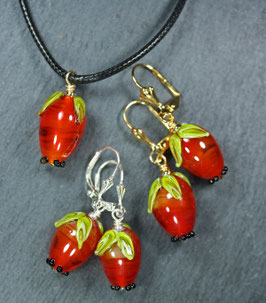 Ohrschmuck/ Halskette "Hagebutten" Gold, Silber, Bronze