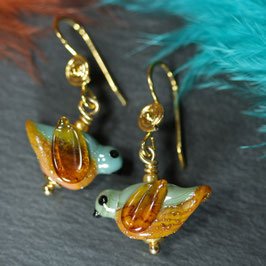 Ohrschmuck "Vögel-Bernstein-Petrol"