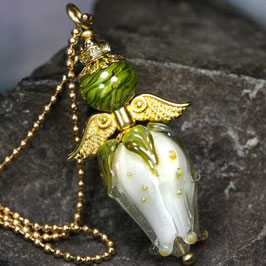 Lange Kette mit Anhänger Schutzengel-Rosenknospe "Snow Ballet" Gold oder Silber