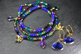 SET Wickelarmband/ Halskette & Ohrschmuck "Pfau"