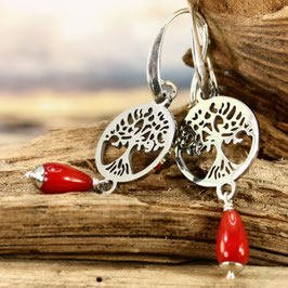 Ohrschmuck "Lebensbaum" Silber-Koralle