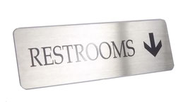 ステンレス 　トイレ　サインプレート（下方向矢印　両面テープ付き）/　Stainless Steel Restroom Sign(w/double sided adhesive tape)