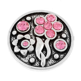 Bouton pression métal strass rose fleur