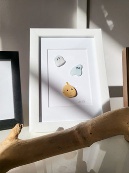 Andressâ - Seeglasbild Halloween - Kürbis und Geister / Gespenster - mit Tonscherbe und echtem Seeglas aus der Ostsee