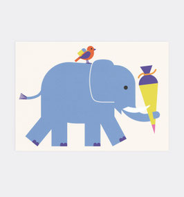 Postkarte Einschulung Elefant und Vogel
