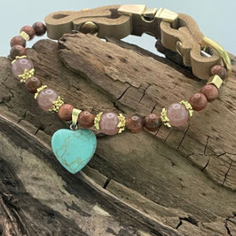 Luxuriöses Hundehalsband mit Edelsteinen - handmade & einzigartig MIT TÜRKIS, ERDBEERQUARZ UND GOLDFUSS
