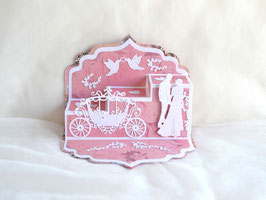 Hochzeitskarte Pop Up (Nr. 1) rosa-weiß mit Kutsche und Brautpaar