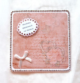 Hochzeitskarte mit Stoffschleife weiß-rosa (Nr.8)