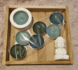 Geschenkset Holztablett mit Teelichthalter u. 7x Teelichtern mit u. ohne Buddha - verschiedene Varianten