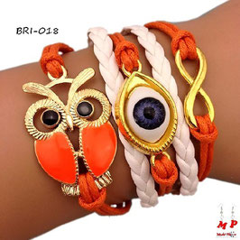 Bracelet infini orange multi-breloques hibou doré et oeil bleu