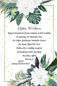 Wedding Day Invitation Green Leaf and White floral Ref W68