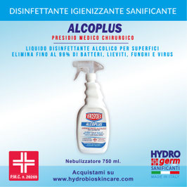 Disinfettante Professionale Alcoplus con PMC - Nebulizzatore 750ml. Sanificante concentrato per superfici. Elimina fino al 99,9% di batteri, lieviti, funghi e virus con involucro.