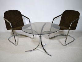 Vintage Freischwinger Sessel mit Rauchglastisch, 70er Jahre, 3er Set
