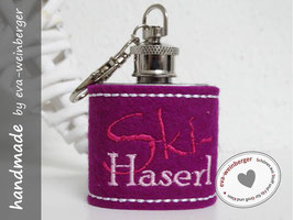 Mini-Flachmann • Schlüsselanhänger • Filz "Ski-Haserl" (Musterfoto violett-pink, rosa, pink)
