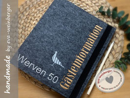 Gästemappe Anker Infomappe Ferienwohnung Ferienhaus Appartement Musterbild Filz dunkelgrau, Möwe silbergrau "Gästeinformation" hellbraun Name der Ferienwohnung silbergrau / Gummi schwarz