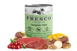 FRESCO Complete-Menü Pferd mit Steckrübe, Quinoa und Preiselbeeren (400 g Dose)